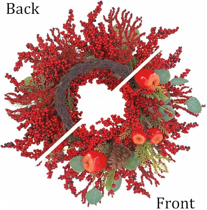 22 inch Christmas Wreath for Front Door - Apple and Berry Wreath for, Artificial Holiday Door Decoration with Mixed Leaves, Farmhouse Style Christmas Wreath