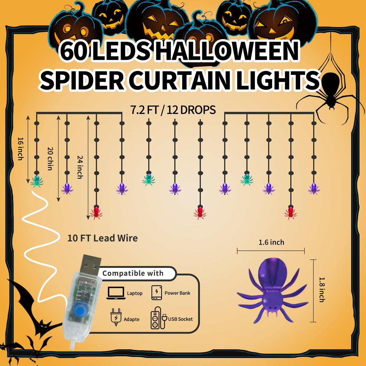 Halloween Spider Curtain String Lights, 7.2Ft Halloween Decorations Indoor Outdoor with 12 Multicolor Spiders and 60 Purple LED Bulbs Fairy Lights for Window Porch Garden Party Décor, USB Operated