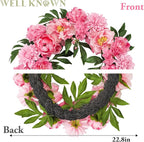 WELL KNOWN Silk Peony Wreaths for Front Door, Artificial Flower Wreath for Seasonal Decor, Indoor Wall Window for Home Decor, Shops Farmhouse Wedding Party Thanksgiving Christmas (Pink)