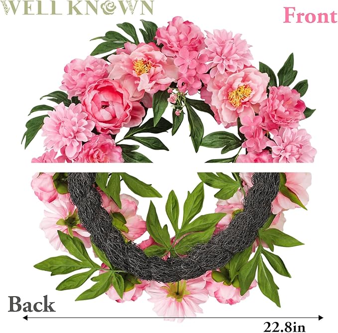 WELL KNOWN Silk Peony Wreaths for Front Door, Artificial Flower Wreath for Seasonal Decor, Indoor Wall Window for Home Decor, Shops Farmhouse Wedding Party Thanksgiving Christmas (Pink)