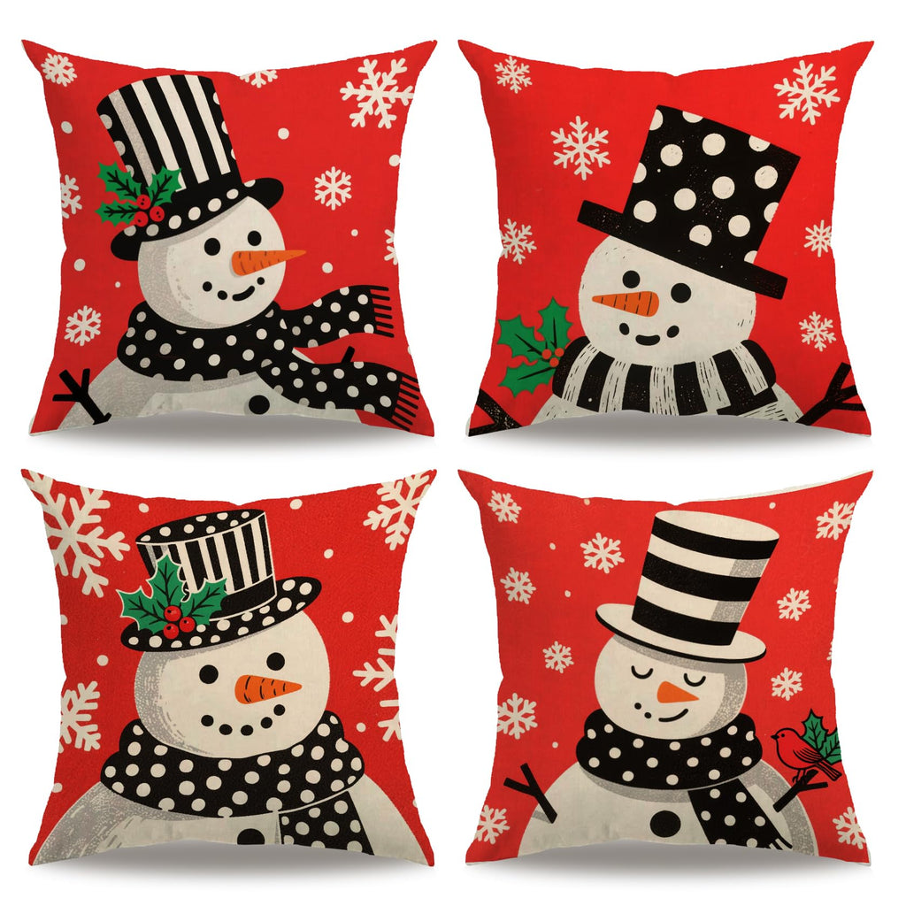 7COLORROOM Set of 4 Christmas Red Pillow Cover Lovely Snowman Festival Throw Cushion Cover Home Decorative Winter Cotton Linen Pillowcases 18" x 18"(Snowman)