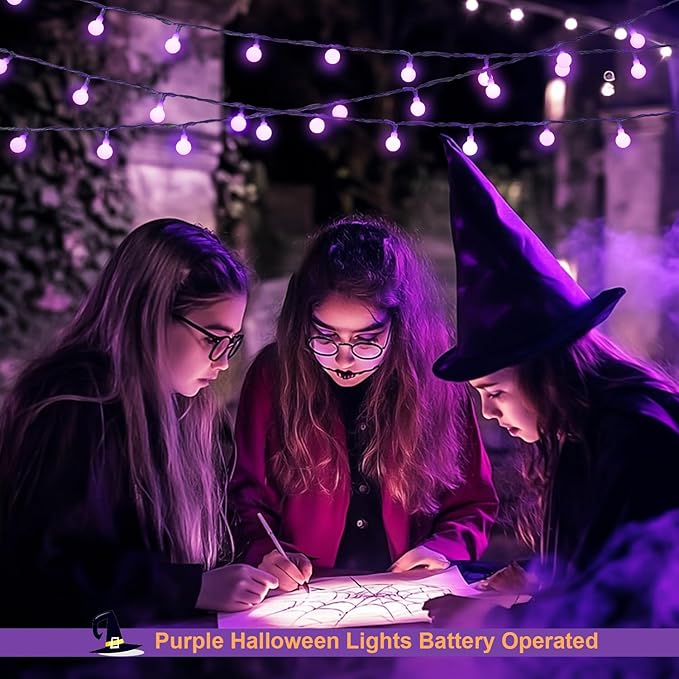JMEXSUSS Purple Halloween Lights, 33ft with 8 Modes Remote, 100 LED Globe String Lights Outdoor Battery Operated for Halloween Bedroom Party Christmas Decor