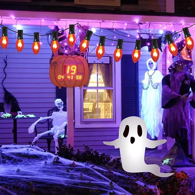 25Ft Halloween Flickering Flame Lights, C7 Orange Halloween Decoration with 27 Clear Flame Bulbs, Waterproof Connectable Patio Lights for Christmas Indoor Outdoor Decor, E12 Candelabra Base