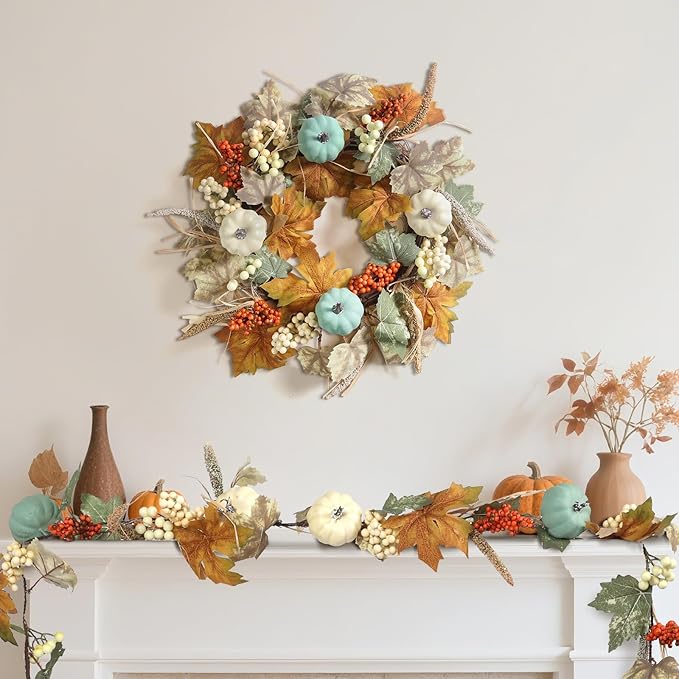Fall Wreaths for Front Door in 20 inch, Artificial Autumn Leaves with White and Blue Pumpkins, Orange Berries, Farmhouse Fall Decorations, Front Door, Wall, Wedding, Thanksgiving, Autumn