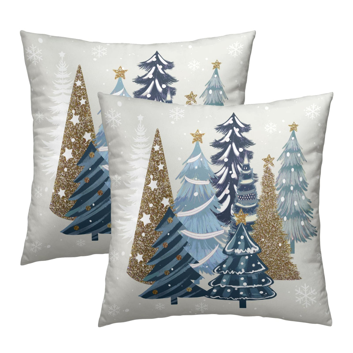 Christmas Trees Throw Pillow Covers 16x16, 2 Pcs Blue Xmas Trees Winter Pine Forest Farmhouse Decorative Pillow Cases Cushion Cover for Bed Sofa Couch Porch Outdoor Home Decor