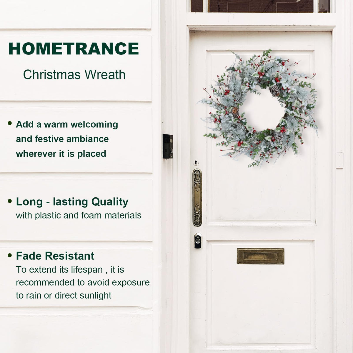 Hometrance Winter Christmas Wreaths for Front Door 20 Inches, Faux Xmas White Red Wreath for Window Outdoor Outside, Artificial Farmhouse Holiday Modern Wreath for Indoor Porch Decor