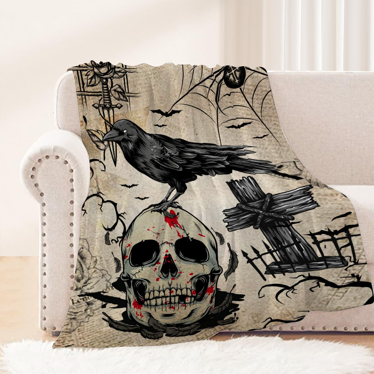Neatee Living Halloween Throw Blanket Twin XL Vintage Skull Blanket for Women Men Adult Halloween Lightweight Fuzzy Soft Cozy Fleece Blankets and Throws Couch Sofa Bed Decorative Blanket 66x90