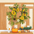 20 Inch Fall Wreath for Front Door, Sunflower Autumn Wreath with Pumpkins and Bow for Thanksgiving Farmhouse Home Window Wall Office Wedding Indoor Outdoor Decorations