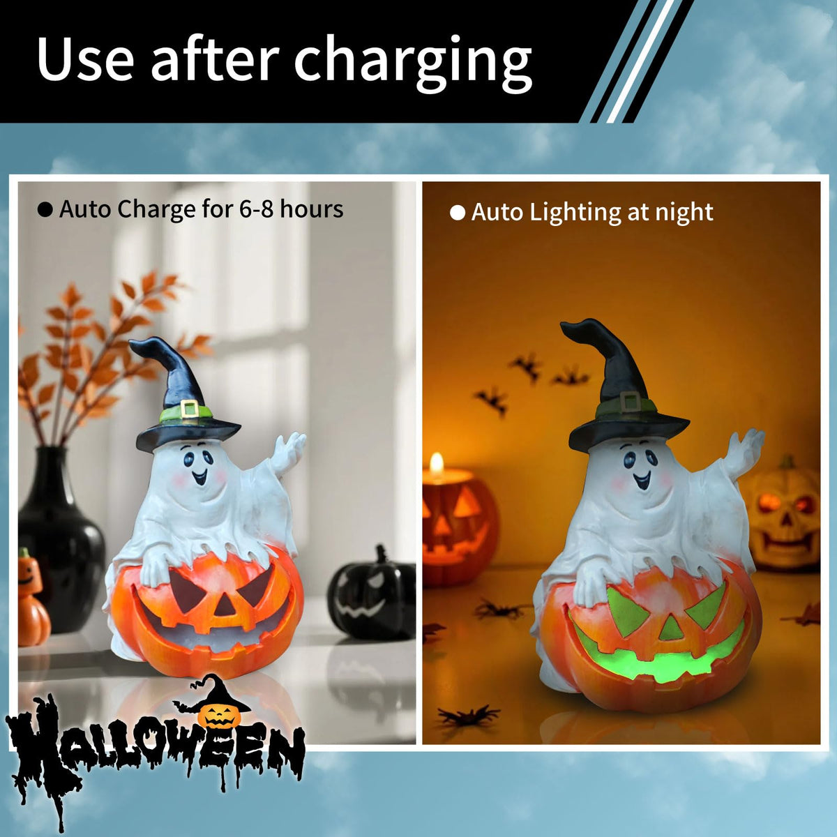 Ghost Halloween Decorations Outdoor with Solar LED Lights, Cute Spooky Ghost Jack-O-Lantern Pumpkin Figurines, Color Changing Halloween Decor Outside for Yard Porch Garden Lawn Party