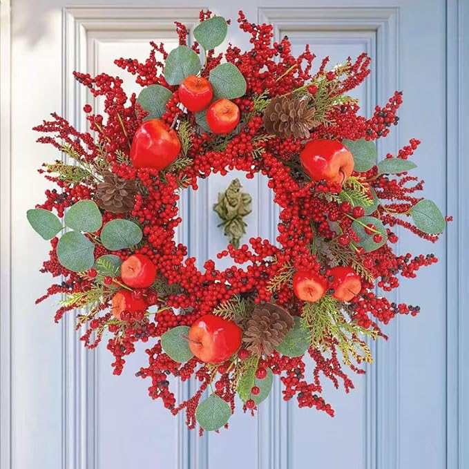 22 inch Christmas Wreath for Front Door - Apple and Berry Wreath for, Artificial Holiday Door Decoration with Mixed Leaves, Farmhouse Style Christmas Wreath
