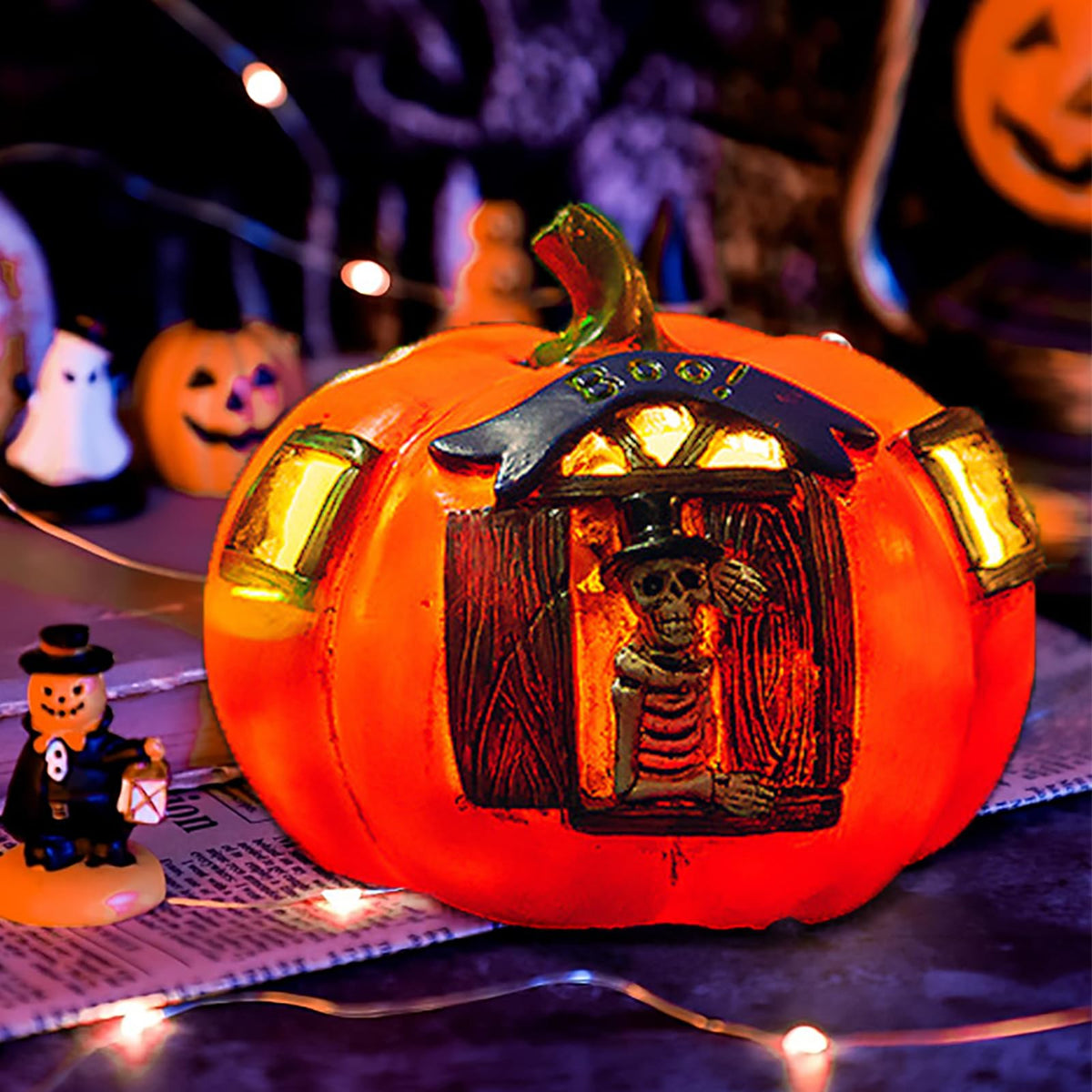 VGE Halloween Skull Pumpkin LED Lantern, Jack O Lantern Light Up Decor with Skeleton Design for Indoor Outdoor, Gothic Home Resin Pumpkin Lights Decor for Party Porch Garden Tabletops Mantel, Orange