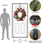 Solar Christmas Wreath 28 Inch Pre-Lit Solar 50 Led Artificial Wreath Outdoor Front Door Window Christmas Decorations with Frosted Branches Pine Cones Red Velvet Bows Balls (2809)
