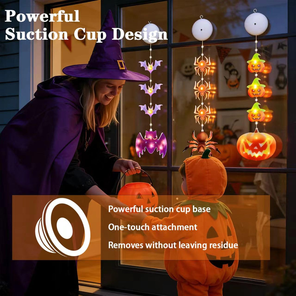 3PCS Halloween Lights, Battery-Powered Decorative Lights Featuring Pumpkin Bats Spiders with Timer, Window Lights with Suction Cups，Holiday Window Decorations for Indoor Home Party Decor (Multicolor)