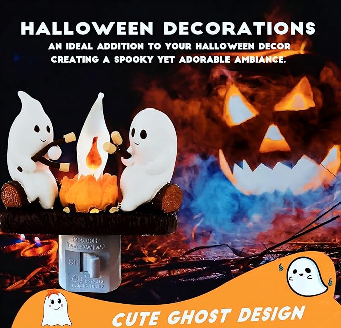 Ghost Campfire Nightlight,Halloween Campfire Flickering Night Light,3D Spooky Fire Marshmallow Night Light for Halloween Decor (Cute Ghost)