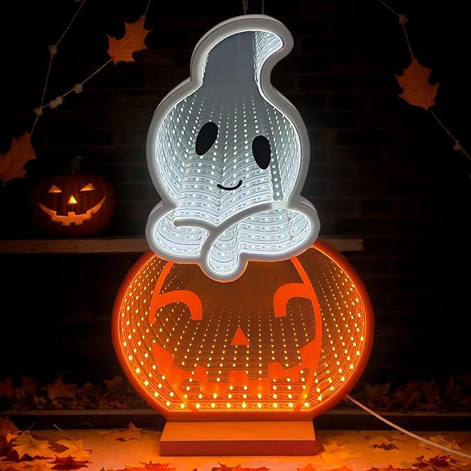 LED Halloween Pumpkin Light, Cute Neon Pumpkin and Ghost Sign Decor,11.57 Inch Halloween 3D Infinity Lights with USB Powered for Table, Room, Party Decoration