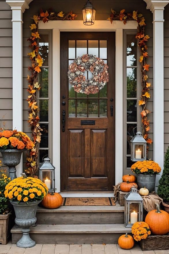 Fall Wreaths for Front Door, 24 inch Fall Hydrangea Wreaths for Front Door Outside Large Artificial Autumn Floral Wreath for Thanksgiving Harvest Christmas Wall Mantel Porch Indoor Outdoor Decor