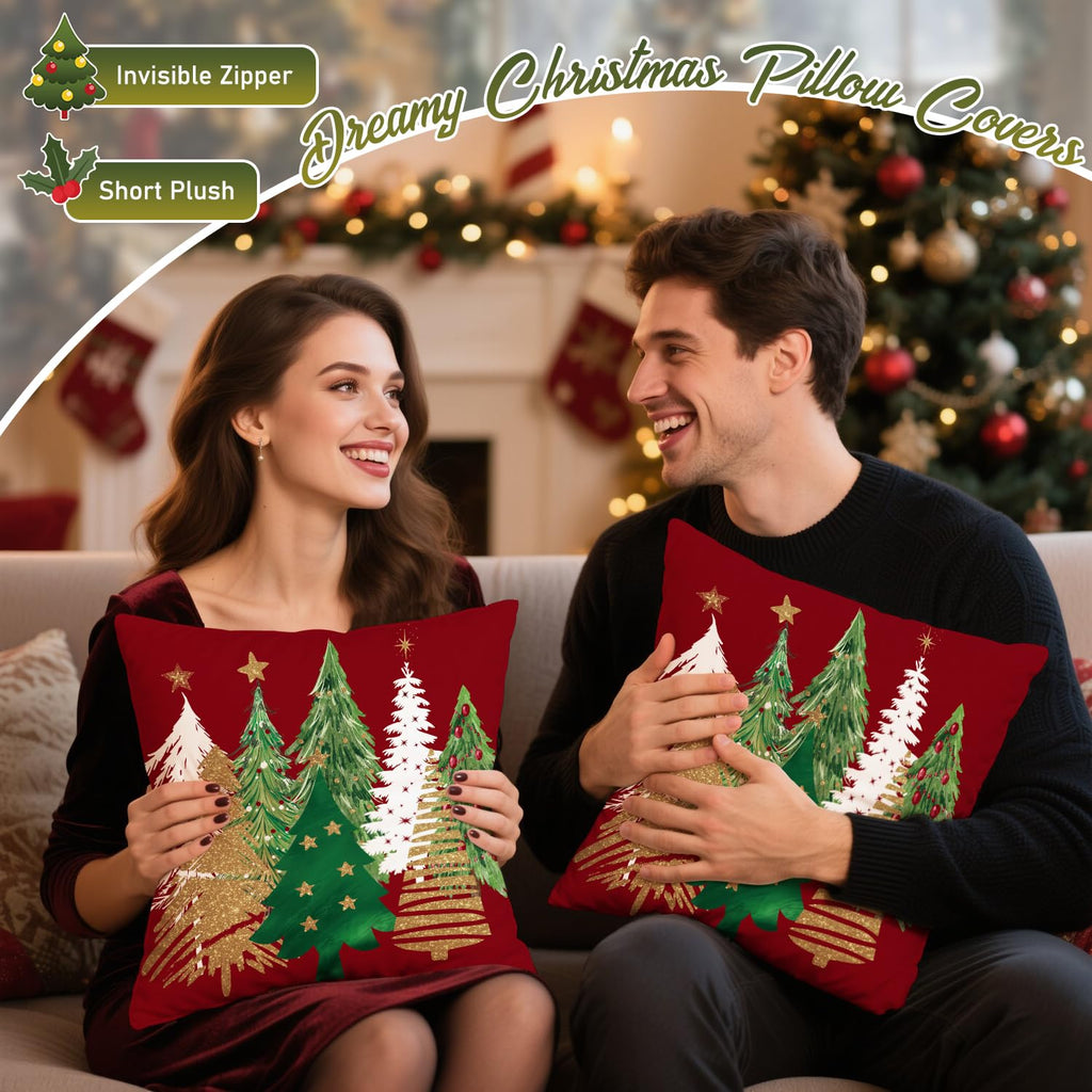 Artmag Christmas Tree Pillow Covers 24x24 Inch Set of 2, Decorative Farmhouse Red Pillow Shams Cases Slipcovers for Home Couch Sofa Decorations