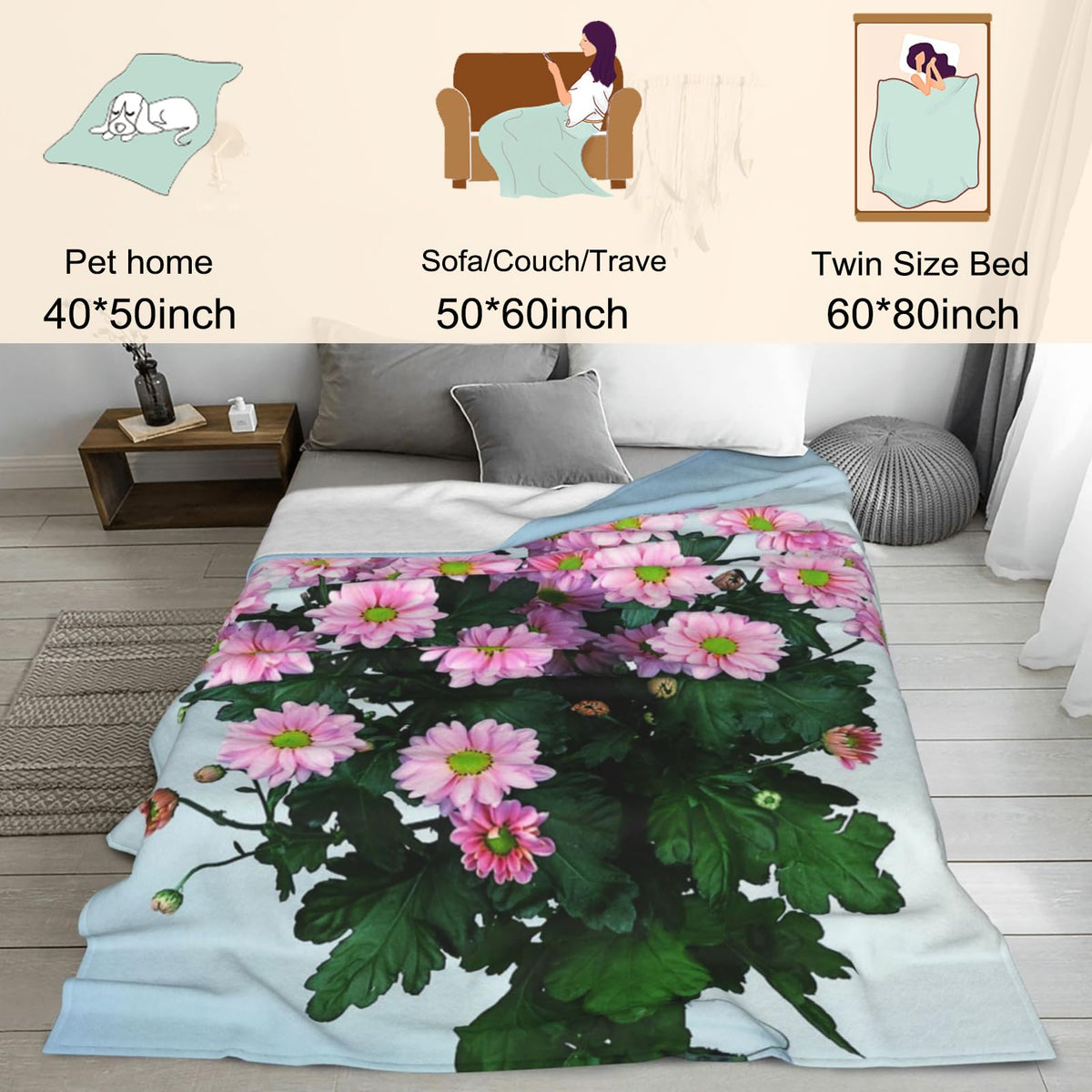 Zeleda Colorful Sugar Skull Fleece Blanket, Soft Throw with Floral, Lightweight Cozy Blankets for All Seasons, Gothic Day of The Dead Home Decor and Gifts for Goth Lovers and Halloween, 50x60 Inch