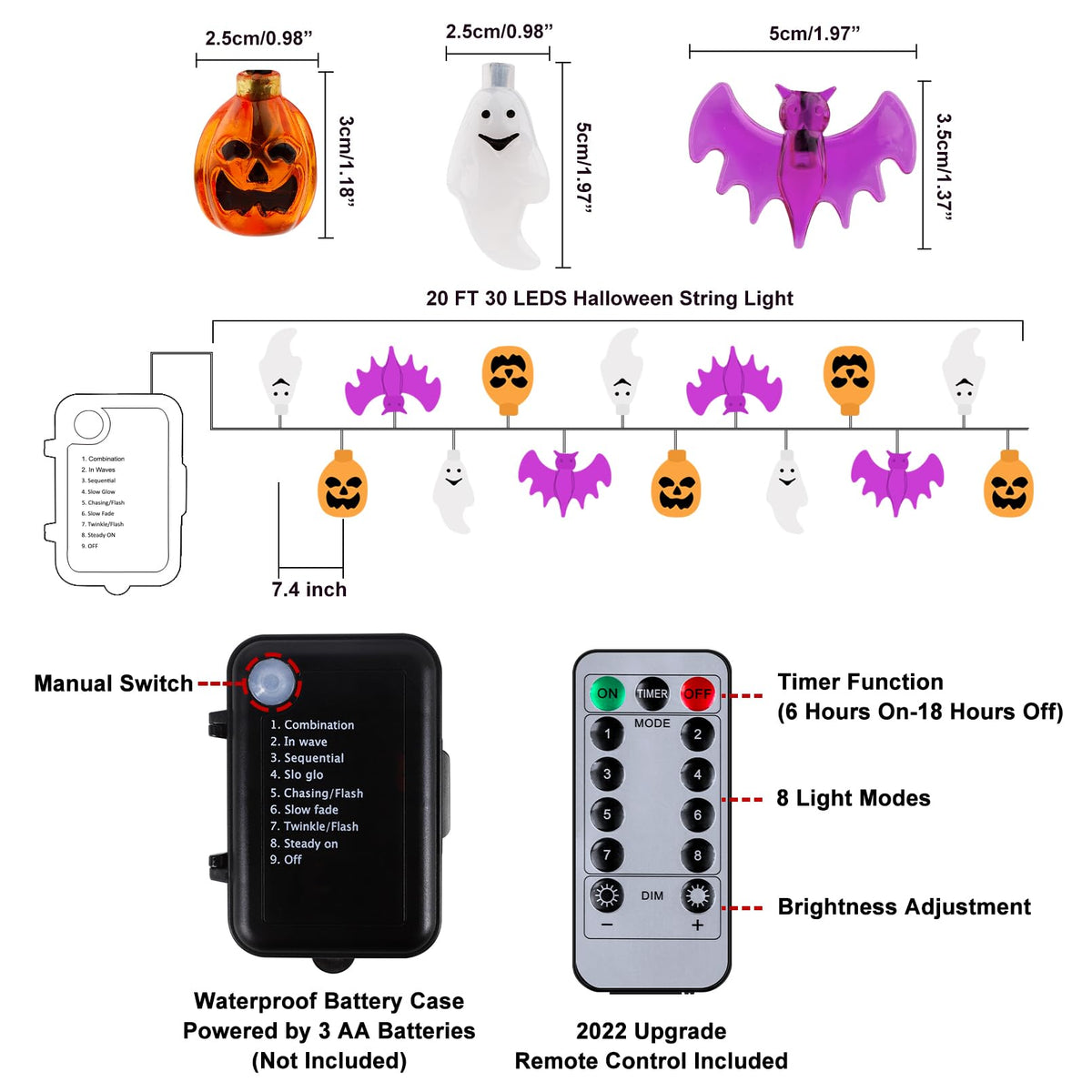 Mosoan Halloween Lights, 20Ft 30 LED Pumpkin Ghost Bat String Lights Battery Operated with Timer, 8 Light Modes Halloween Fairy Lights for Indoor Outdoor Party Home Yard Window Decor