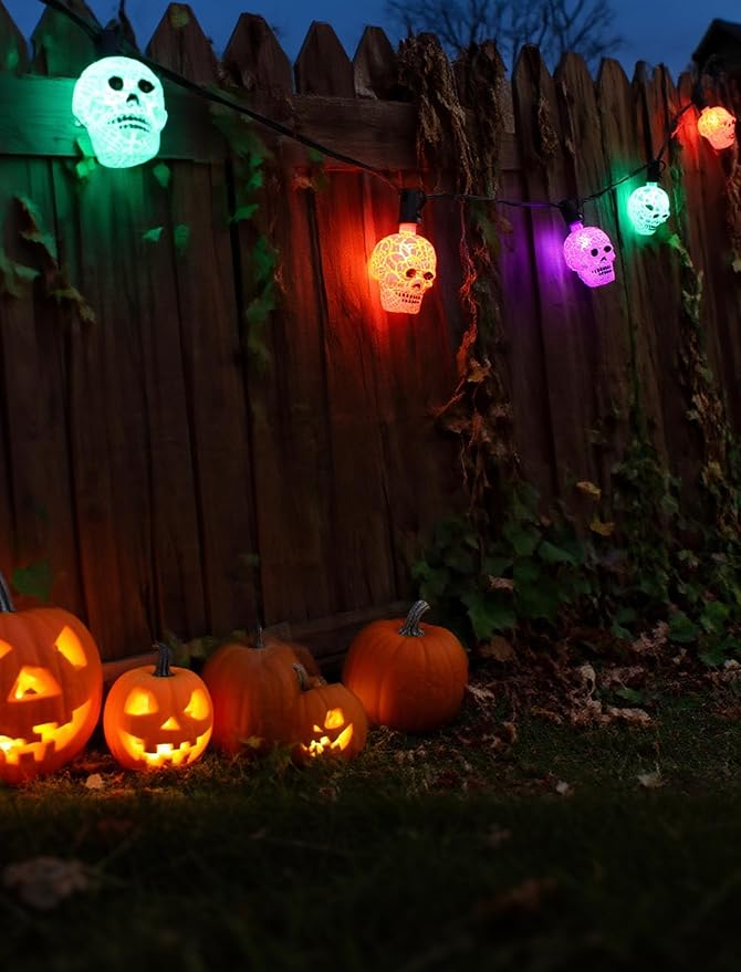 10.5ft Halloween Skull Lights Plug In, UL Certified Connectable String Lights for Outdoor Indoor Halloween Decor, Waterproof Spooky Decorations with Spare Bulb & Clips for Yard, Party, Porch