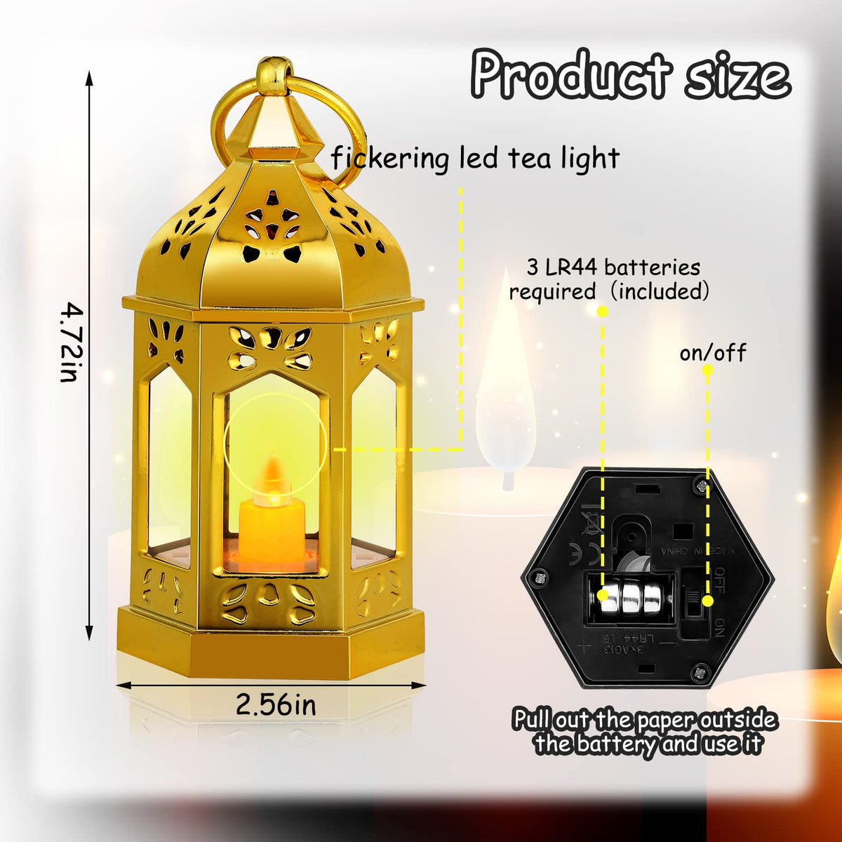 Hortsun 24 Pcs Mini Lantern Decorative with Flickering LED Candle Vintage Hanging Lanterns Battery Powered Light Wedding Diwali Halloween Christmas Centerpiece for Camping Garden Party Decor(Glitter)