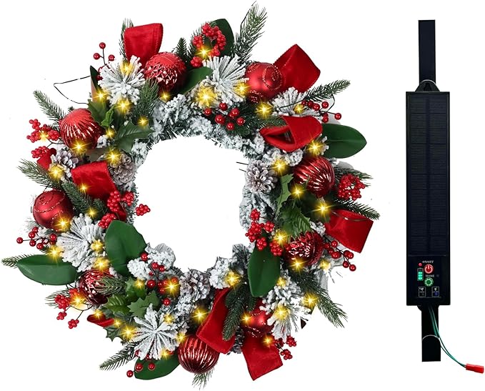 Solar Christmas Wreath 28 Inch Pre-Lit Solar 50 Led Artificial Wreath Outdoor Front Door Window Christmas Decorations with Frosted Branches Pine Cones Red Velvet Bows Balls (2809)