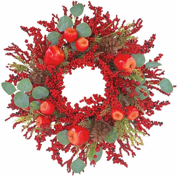22 inch Christmas Wreath for Front Door - Apple and Berry Wreath for, Artificial Holiday Door Decoration with Mixed Leaves, Farmhouse Style Christmas Wreath