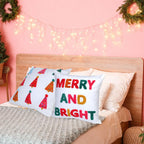 Remagr 2 Pcs Merry and Bright Christmas Tree Pillow Covers Pink Embroidered 18 x 18 Inches 3D Pillow Covers Decorative for Winter Xmas Home Bedroom Sofa Decor
