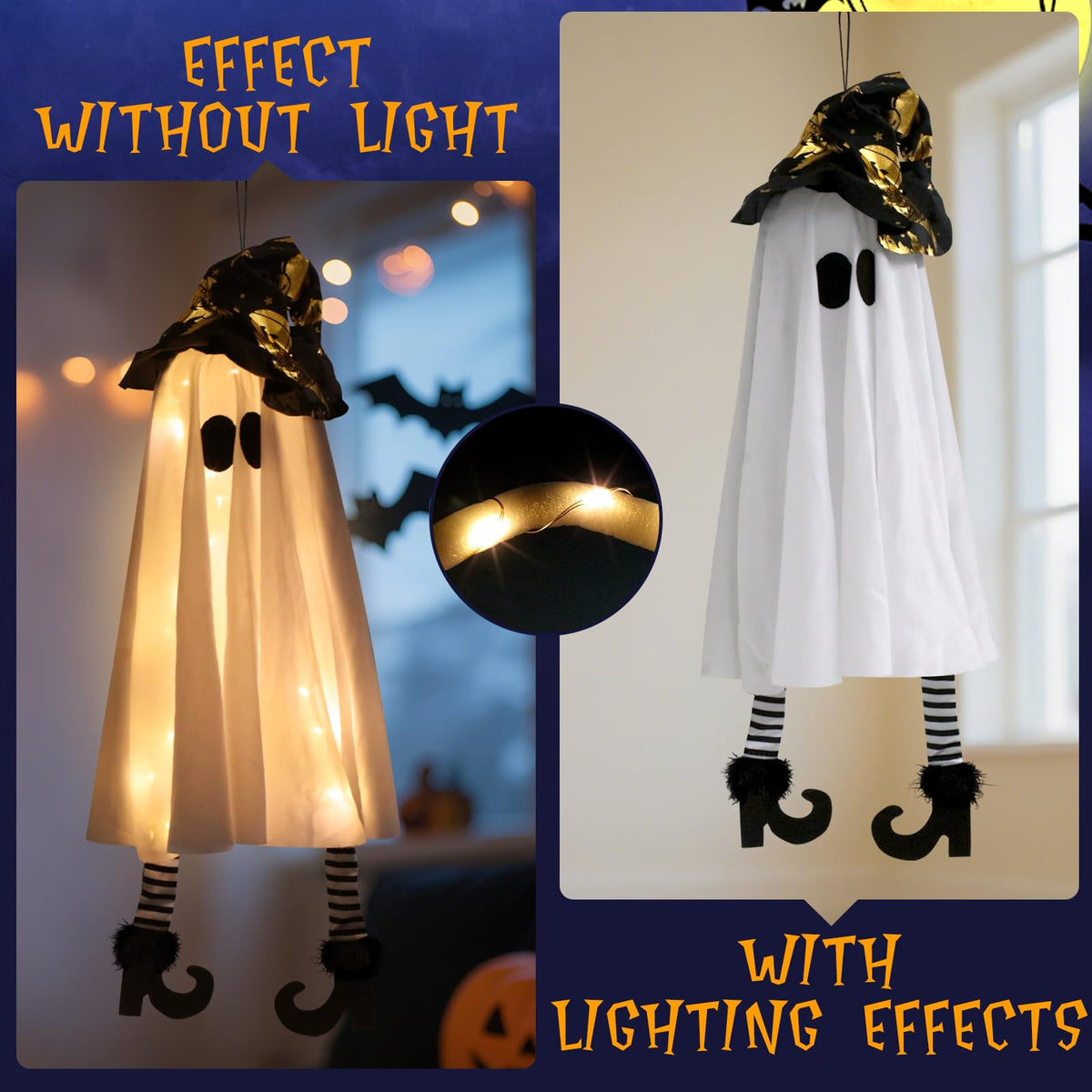 Halloween Hanging Decorations Set of 3 Battery Operated Small Floating Ghost Decor with Witch Hat & Striped Legs, 3 Light Modes Outdoor for Porch Tree Yard Garden Ceiling, Spooky Decor for Party Scene