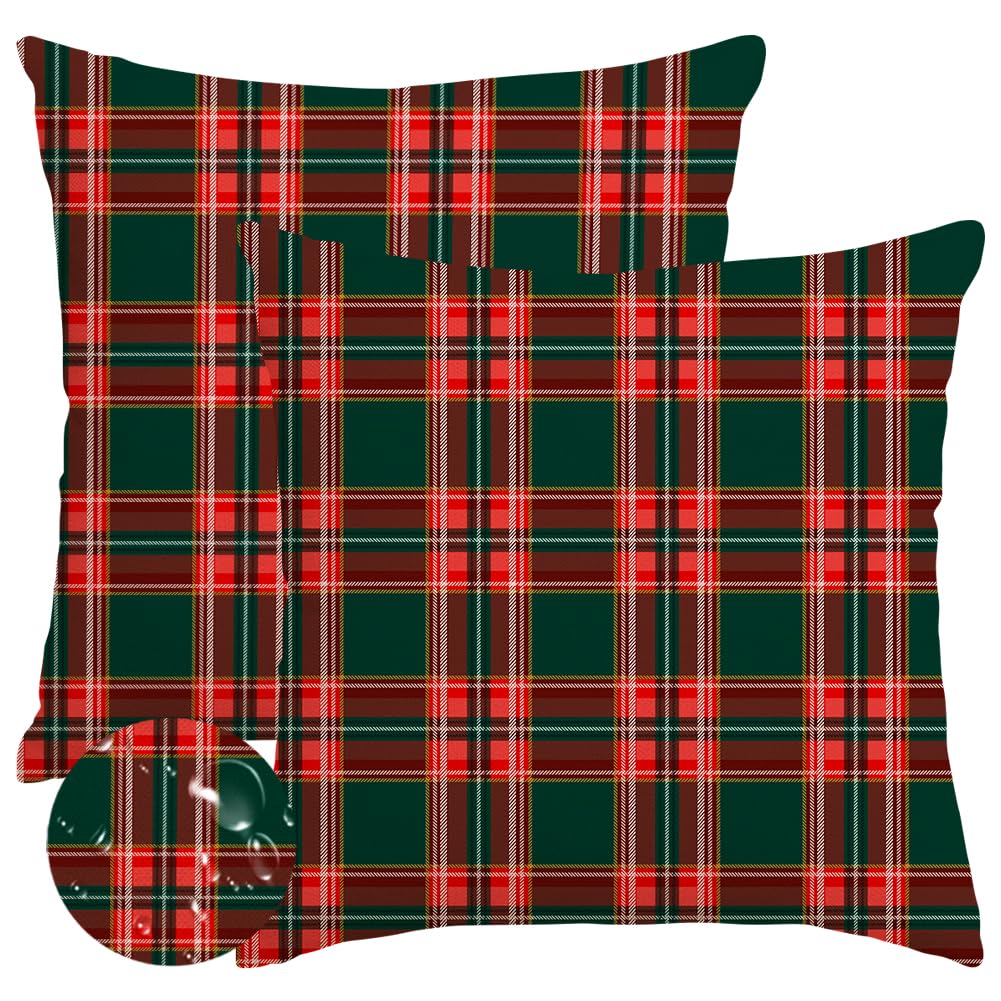 RABUSOFA Christmas Pillow Covers 18x18 Inch Set of 2 Indoor Outdoor Waterproof Scottish Tartan Plaid Classic Throw Decorative Cushion Cases for Christmas Decor Decorations for Home Couch Patio