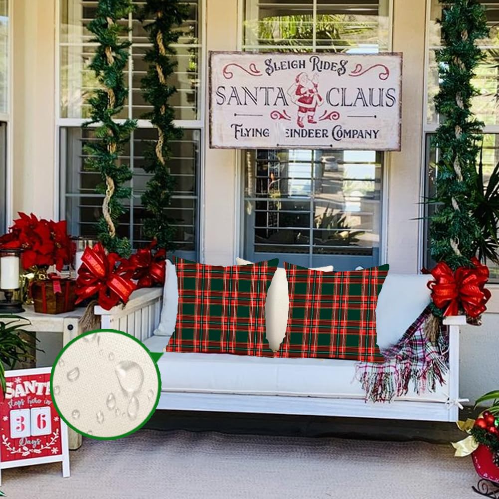 RABUSOFA Christmas Pillow Covers 18x18 Inch Set of 2 Indoor Outdoor Waterproof Scottish Tartan Plaid Classic Throw Decorative Cushion Cases for Christmas Decor Decorations for Home Couch Patio