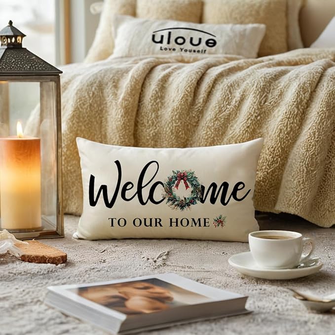 Christmas Welcome Throw Pillow Covers 12 x 20 Inch Farmhouse Seasonal Holiday Decorative Lumbar Pillowcases with Xmas Wreath Design Cushion Covers for Front Porch Decor (Red/Green)