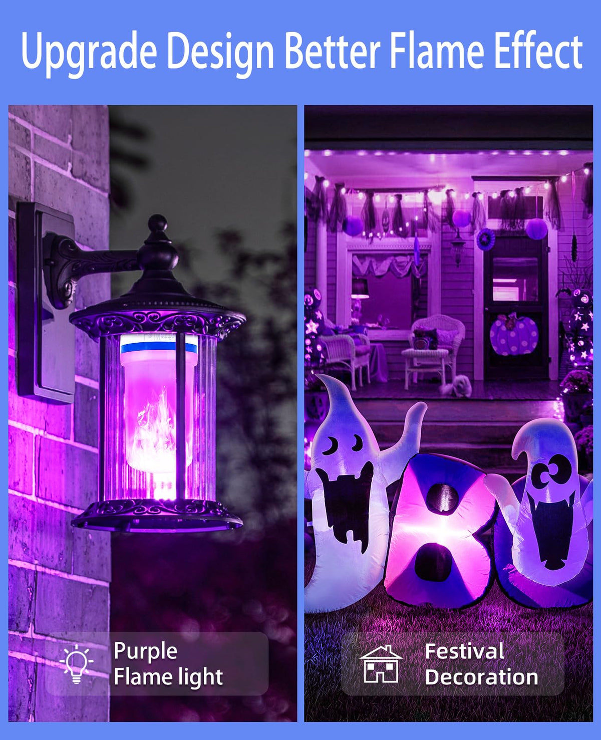 BHCORNER [Smaller Size] LED Purple Flame Light Bulbs - Halloween Flickering Light Bulb with Gravity Sensing Effect, E27 Base Christmas Purple Light Bulbs Outdoor, 3W Vintage Flame Bulb (2 Pack)