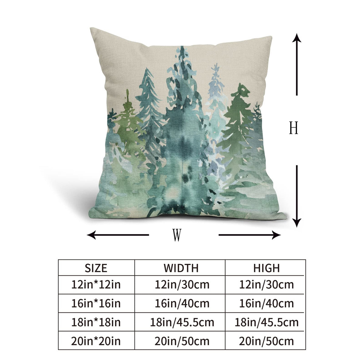 Winter Christmas Tree Pillow Covers 18x18 Set of 2 Blue Green Nature Forest Rustic Watercolor Style Print Decorative Throw Pillows Outdoor Square Linen Cushion Case Decor for Home Sofa Couch Bed