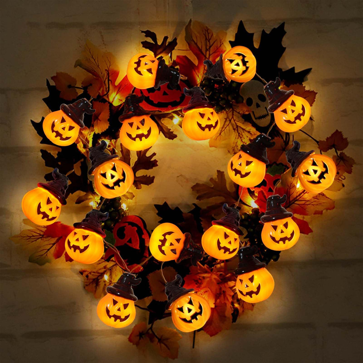Abkshine Battery Operated Pumpkin Lights for Halloween Decorations Indoor, Jack-o-Lantern String Lights for Halloween Party Front Door Porch Fireplace Camper Golf Cart Parade Garland Wreath Decor