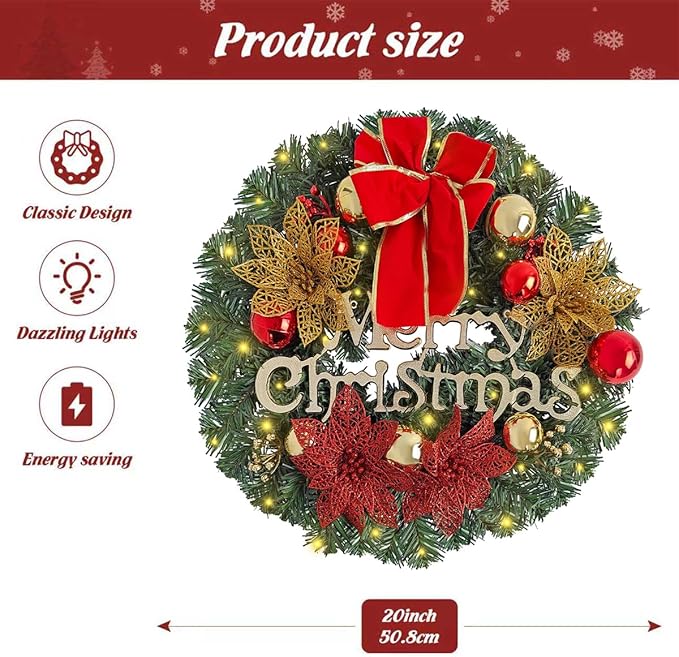 FR Artificial Pre-Lit Fir Christmas Wreath Holiday Accent Decoration, Wintry Pine, Decorated with Pine Cones Berry Clusters, with LED Lights Battery Operated for Door, Mantel - 20 Inch