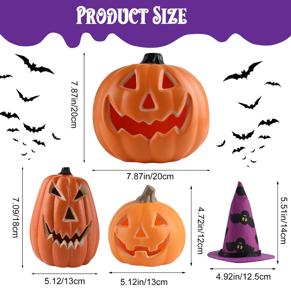 Halloween LED Jack-O-Lantern Lights with Purple Bat Hat, Color-Changing Pumpkin Decor Set of 3 Battery Operated Table Ornaments for Home Party Decor