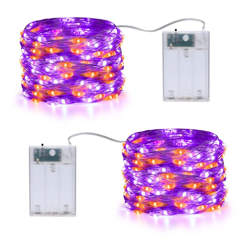 Joomer Orange Purple Battery Halloween Fairy Lights, 2 Pack 16.4FT 50LED 2 Modes Twinkle String Lights for Indoor Outdoor Halloween Decorations