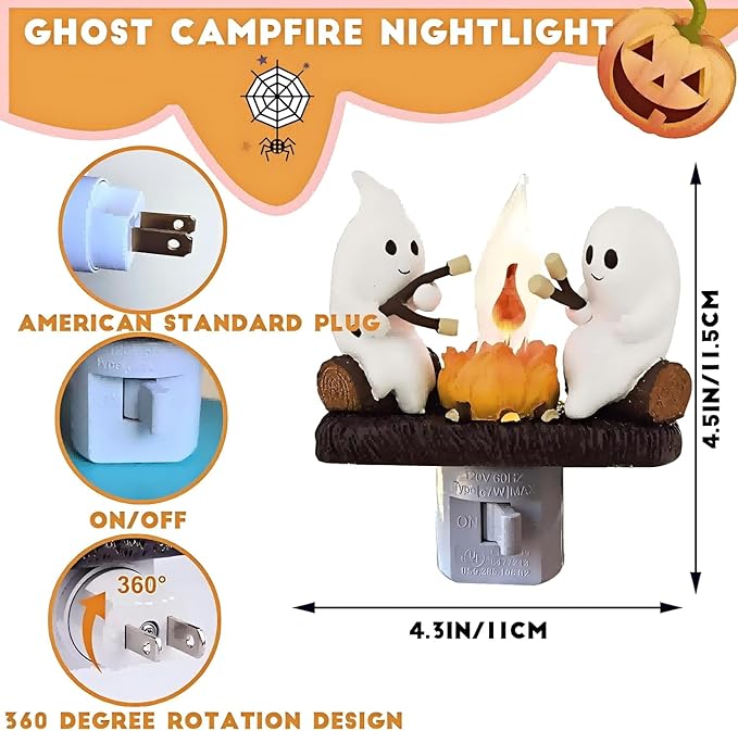 Ghost Campfire Nightlight,Halloween Campfire Flickering Night Light,3D Spooky Fire Marshmallow Night Light for Halloween Decor (Cute Ghost)