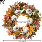 DN DECONATION 24“ Fall Wreaths for Front Door Decor, Autumn Harvest Wreaths for Porch Door Outdoor, Fall Wreath Decorations for Home Outside Thanksgiving, White Pumpkins Wreath