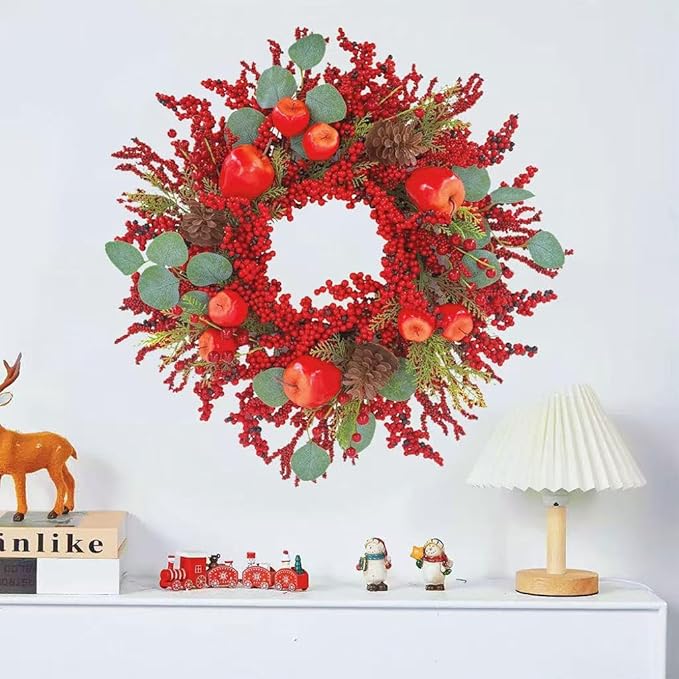 22 inch Christmas Wreath for Front Door - Apple and Berry Wreath for, Artificial Holiday Door Decoration with Mixed Leaves, Farmhouse Style Christmas Wreath