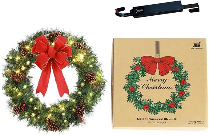 Solar Christmas Wreath 30 Inch Pre-Lit Solar 70 Led Artificial Wreath Outdoor Front Door Window Christmas Decor with Frosted Branches Pine Cones Berry Clusters Red Velvet Bows (3001)