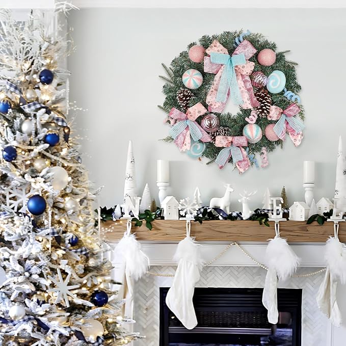 24 inch Pastel Christmas Door Wreath, Candy Cane Pine Wreaths for Front Door with Pink and Blue Ball Pinecones Berries for Fireplace Xmas Decorations, Wall Party Staircase Indoor Outdoor Holiday Decor