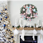 24 inch Pastel Christmas Door Wreath, Candy Cane Pine Wreaths for Front Door with Pink and Blue Ball Pinecones Berries for Fireplace Xmas Decorations, Wall Party Staircase Indoor Outdoor Holiday Decor
