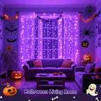 JMEXSUSS 200 LED Halloween Curtain Lights Battery Operated & USB Plug in, 6.6 x 6.6 ft Hanging String Lights Indoor with Remote, Purple Halloween Lights for Bedroom Backdrop Party Outdoor Decorations