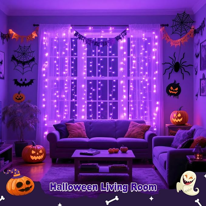 JMEXSUSS 200 LED Halloween Curtain Lights Battery Operated & USB Plug in, 6.6 x 6.6 ft Hanging String Lights Indoor with Remote, Purple Halloween Lights for Bedroom Backdrop Party Outdoor Decorations