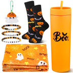 Meanplan 7 Pack Halloween Boo Basket Stuffers Halloween Gifts for Women Orange Basket Stuffer Includes 12oz Orange Acrylic Ghost Tumbler Velvet Blanket Crochet Ghost Keychain Socks for Family