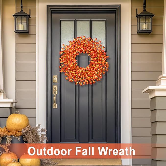 26 Inch Realistic Fall Wreaths for Front Door Outside Autumn Wreath Outdoor Indoors Fall Decorations for Home Thanksgiving Halloween Holiday Decorations Clearance for Wall Porch Door (Orange)
