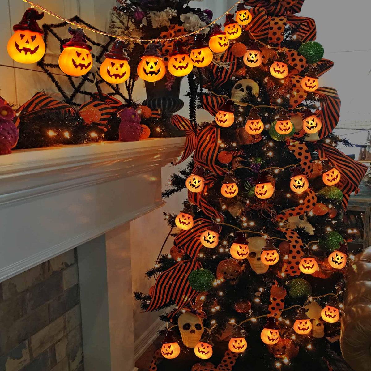Abkshine Battery Operated Pumpkin Lights for Halloween Decorations Indoor, Jack-o-Lantern String Lights for Halloween Party Front Door Porch Fireplace Camper Golf Cart Parade Garland Wreath Decor