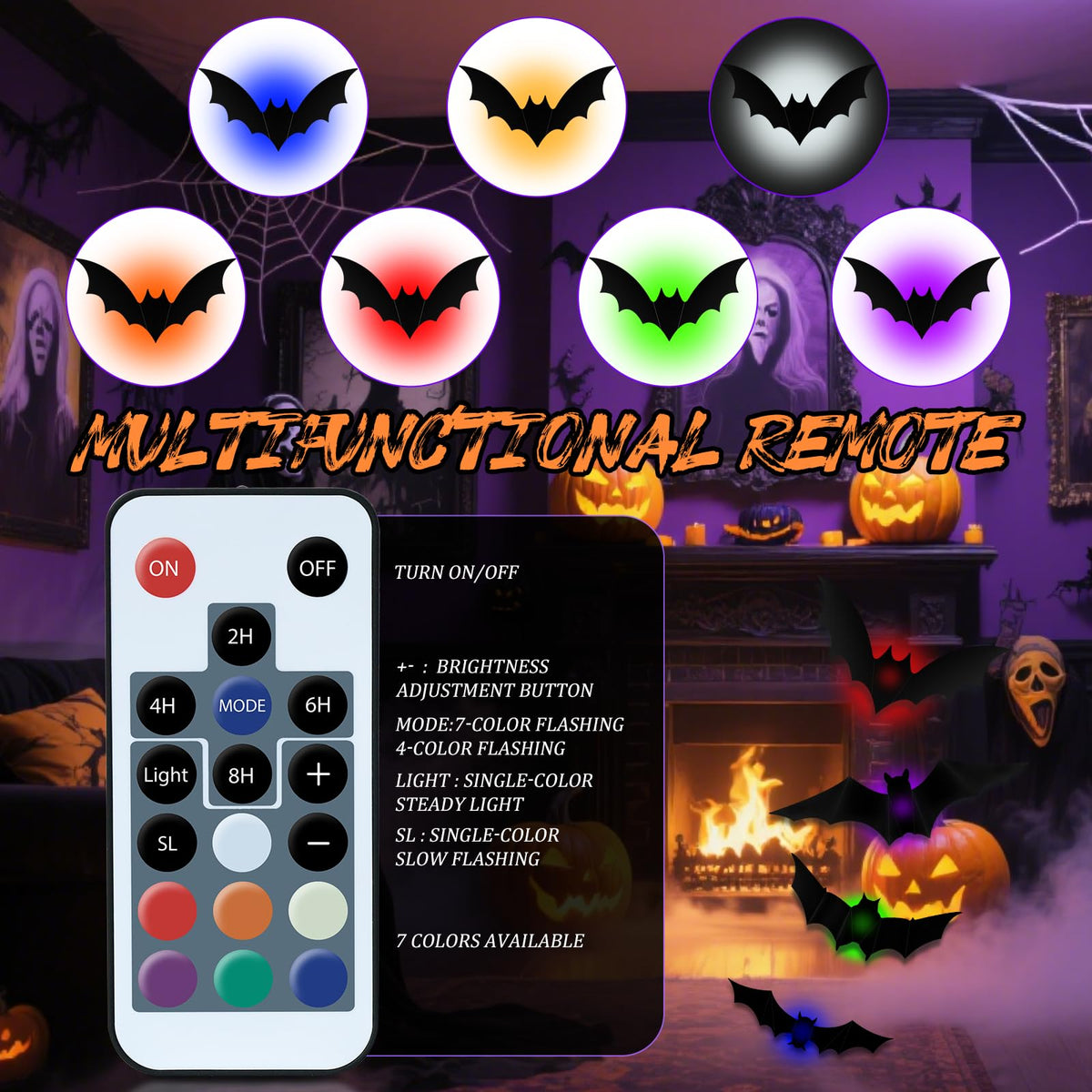 PChero 12 Lights & 48 Bats Halloween Decoration Kit with Remote Timer, Color Changing Light up Bats Wall Decor, 10 Different Size 3D Bat Stickers for Window Wall Living Room Bedroom Party Spooky Decor